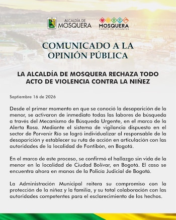 La Alcaldía de Mosquera confirmó la captura de un hombre señalado como presunto responsable de la desaparición de Ana Lucía González, una niña de 9 años - crédito@AlcMosquera/X