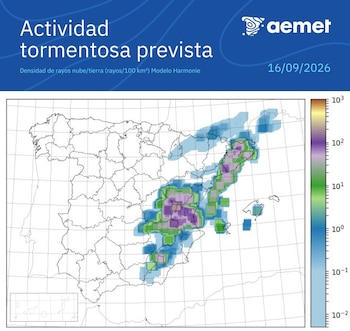Previsión de la actividad tormentosa para el miércoles, 16 de agosto de 2026. (Aemet)