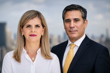 Una mujer con camisa blanca y un hombre con traje y corbata de pie frente a un fondo urbano desenfocado.