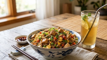 Un tazón grande de arroz frito con pollo, vegetales, sésamo y cebollino. A su lado, palillos, una salsa picante y un vaso de té helado con limón