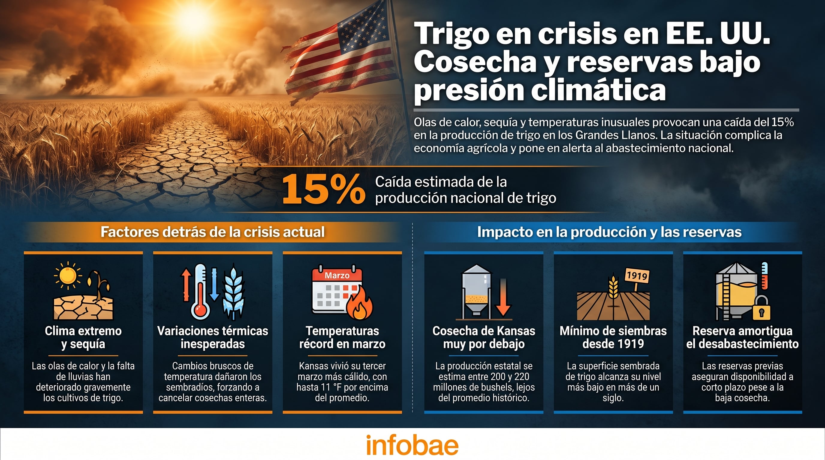 Esta infografía explica cómo olas de calor, sequía y temperaturas extremas han provocado una caída del 15% en la producción de trigo en los Grandes Llanos de Estados Unidos, afectando la economía agrícola y el abastecimiento nacional (Imagen Ilustrativa Infobae)