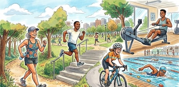 Ilustración de personas haciendo ejercicio: una mujer y un hombre corren en un parque, una ciclista, un hombre en máquina de remo y una persona nadando en piscina