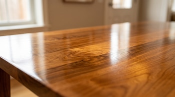 Plano detalle de la superficie de una mesa de madera barnizada con una ventana desenfocada al fondo.