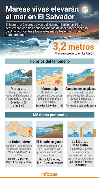 Infografía explicativa con olas, costas, mapas de El Salvador y recuadros con texto sobre las mareas vivas y sus horarios.