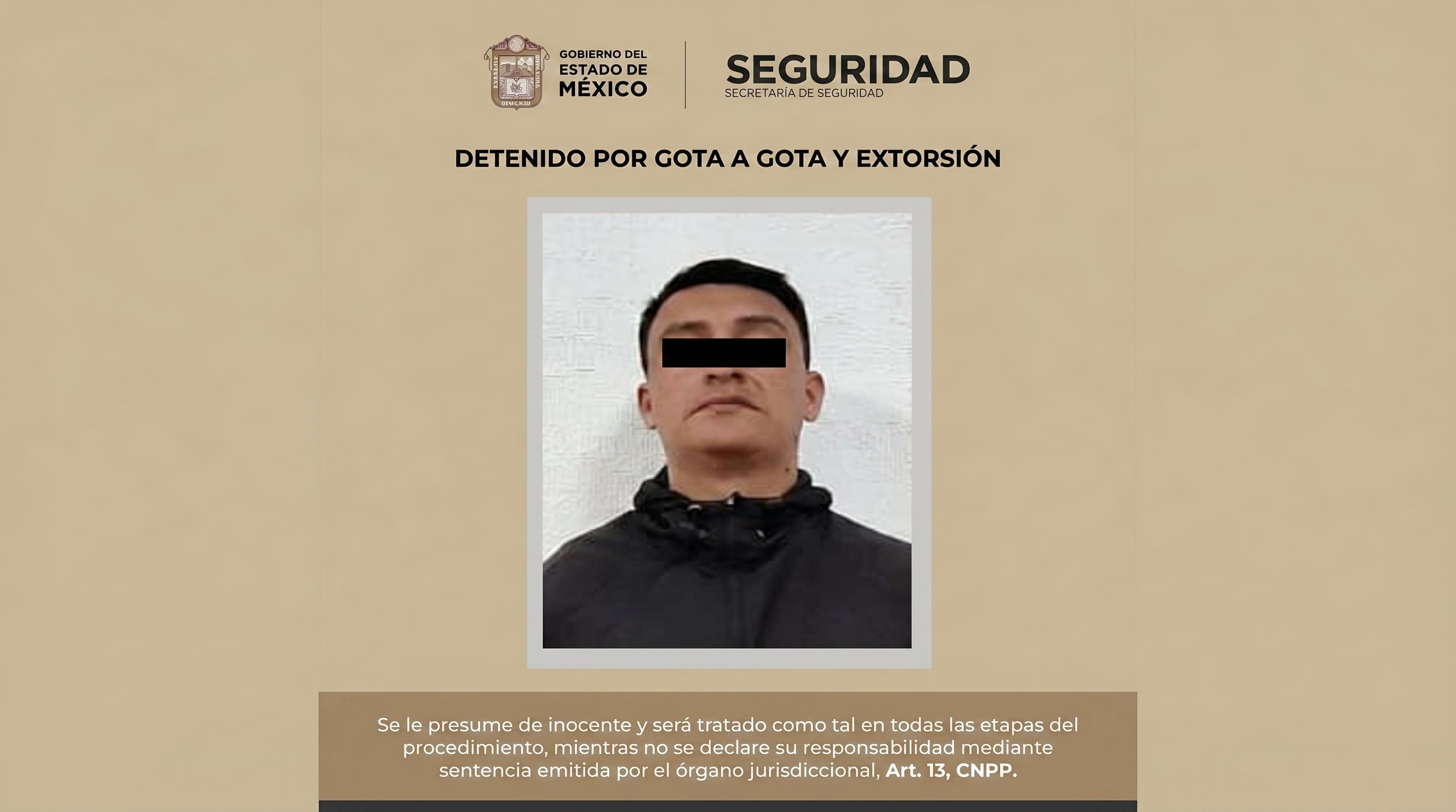 La Secretaría de Seguridad del Gobierno del Estado de México informa sobre la detención de un individuo presuntamente involucrado en el delito de extorsión