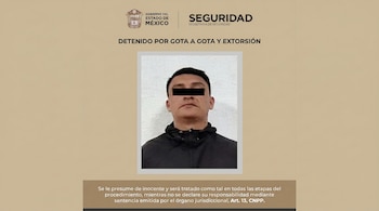 Imagen oficial del Gobierno del Estado de México anunciando la detención de un hombre por extorsión, con su rostro censurado.