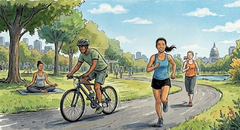 Ilustración de un parque urbano con un ciclista, dos corredoras y una mujer meditando en una esterilla. Se ven árboles, un lago y edificios con una cúpula en el fondo
