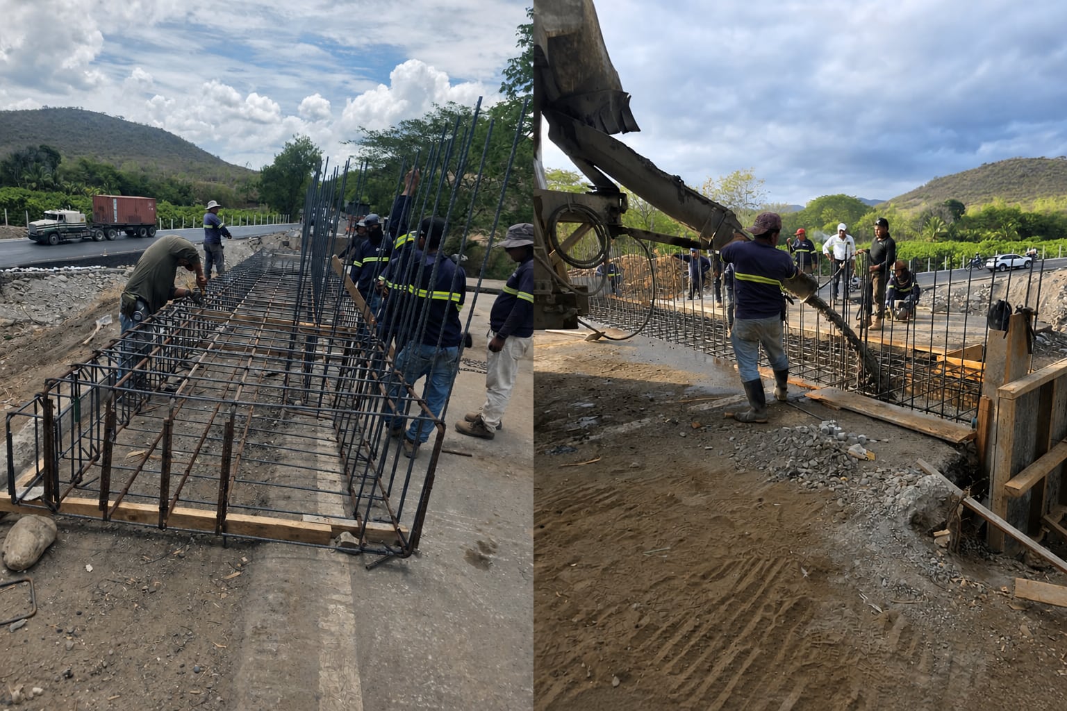 Varios operarios arman la estructura de acero e inyectan hormigón para la construcción de una obra de infraestructura en una carretera. (Imagen Ilustrativa Infobae)