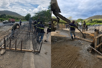 Dos fotografías de obreros armando estructuras de varillas de hierro y vertiendo concreto desde un camión mezclador junto a una carretera.