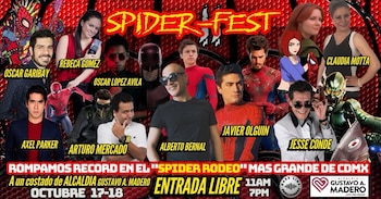 Cartel promocional rojo con fotografías de personas, personajes de Spider-Man, el texto Spider-Fest, fechas de octubre y detalles del evento