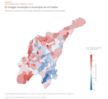 Margen entre Cepeda y De la Espriella municipio a municipio: el azul se concentra en el sur de Bolívar y el sur del Cesar - crédito Ricardo Ruiz