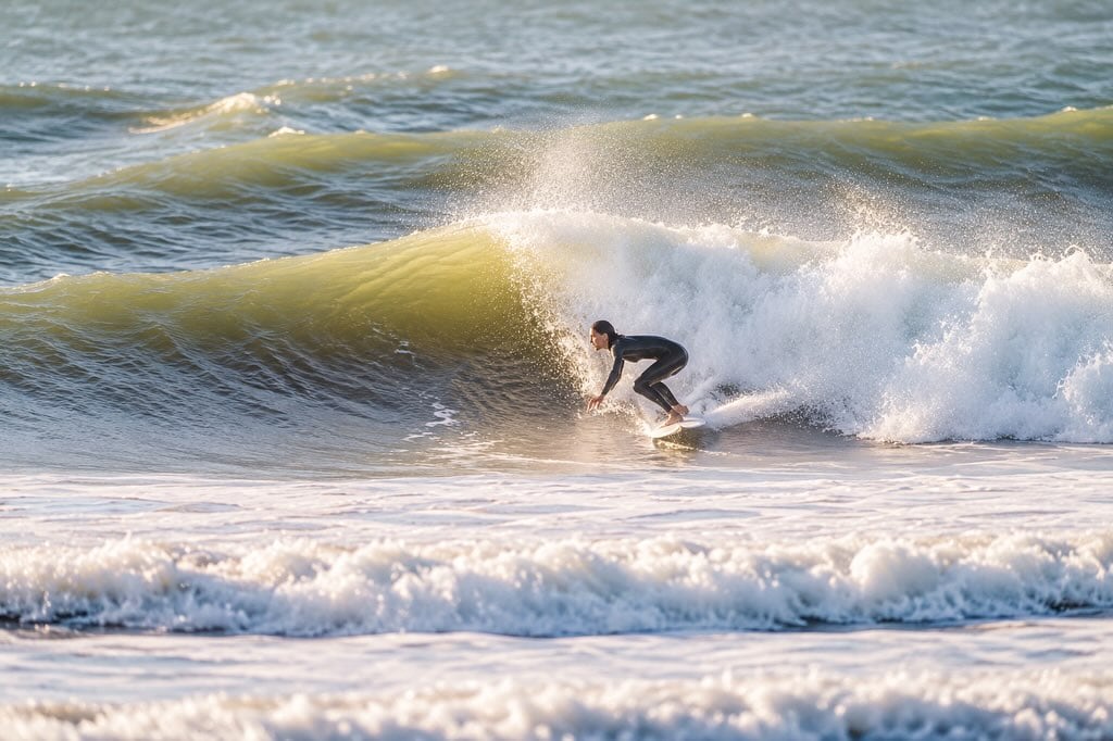 María Susini realiza una maniobra sobre una ola mientras practica surf en el mar.