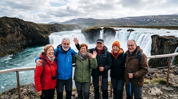 Seis personas mayores vestidas con abrigos de invierno posan detrás de una barandilla de madera frente a una gran cascada.
