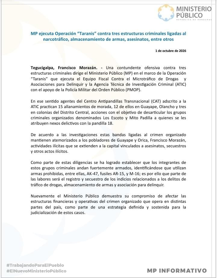 El Ministerio Público ejecutó la Operación Taranis con quince allanamientos en distintos puntos de Honduras.