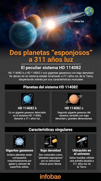 Ilustración de dos exoplanetas, uno azul y otro anaranjado, orbitando una estrella, con una nebulosa de fondo y texto explicativo sobre el sistema HD 114082.