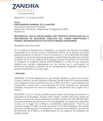 La denuncia fue interpuesta por Zandra Bernal, congresista perteneciente a la bancada de gobierno del presidente electo Abelardo de la Espriella - crédito prensa Zandra Bernal