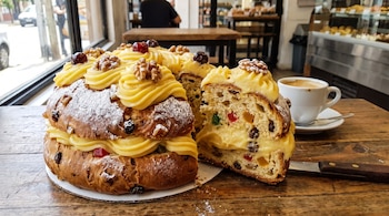 Pan dulce grande cortado por la mitad, relleno de crema, decorado con nueces, cerezas y azúcar impalpable. Taza blanca con café y un cuchillo sobre mesa de madera.