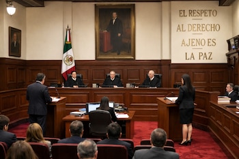 Interior de un tribunal de México con cuatro jueces vestidos con togas, un hombre y una mujer de pie dirigiéndose a la corte, y una audiencia sentada.