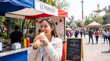 Una mujer muerde un bocadillo frente a un puesto con el cartel Le Parisien y atracciones mecánicas al fondo.