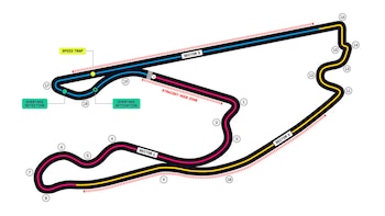 Mapa esquemático del circuito del Gran Premio de Miami de F1 con 19 curvas, 3 sectores, zonas de detección de DRS, activación y trampa de velocidad