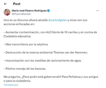 María José Pizarro arremete en contra del alcalde, Carlos Fernando Galán - crédito @PizarroMariaJo
