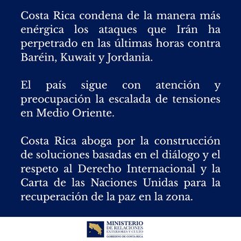 El Ministerio de Relaciones Exteriores y Culto de Costa Rica emitió una enérgica condena tras los ataques con misiles y drones perpetrados por Irán en Medio Oriente (Cortesía @CRcancilleria).