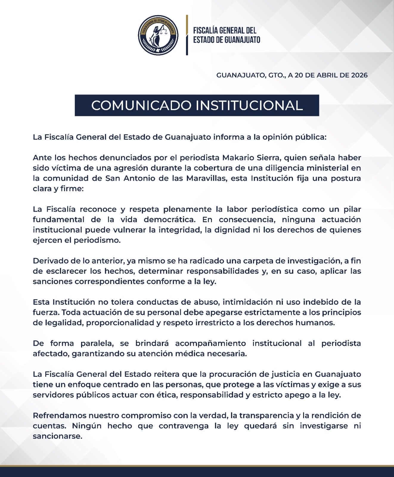 Luego de la agresión, la fiscalía estatal emitió un comunicado en el que subraya su reconocimiento y respeto por la labor periodística. (Crédito: X | @FGEGUANAJUATO)