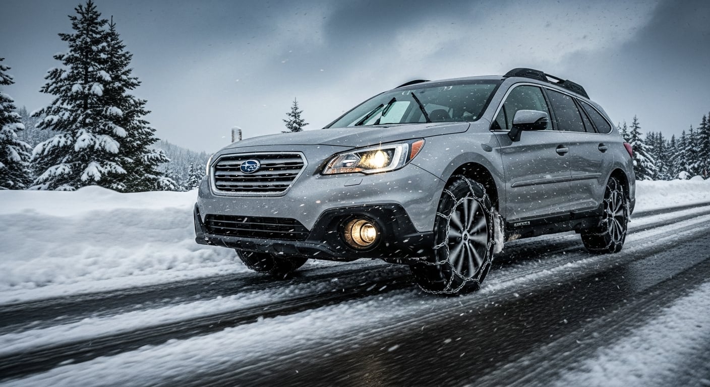 Un automóvil Subaru con cadenas en las ruedas circula por una carretera cubierta de nieve, bajo una nevada ligera y con árboles cubiertos de blanco a los lados (Imagen Ilustrativa Infobae)