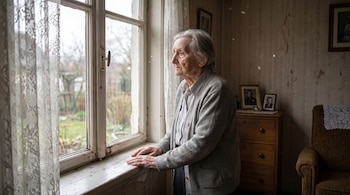 Mujer anciana de cabello blanco y suéter gris de pie frente a una ventana con cortinas de encaje. Sus manos apoyadas en el alféizar de madera. Exterior con jardín y árboles.