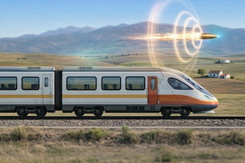 Un tren moderno blanco con franjas naranjas y amarillas sobre una vía, en un paisaje rural con montañas y casas. Un proyectil brillante con estela de fuego y luz viaja en el aire.