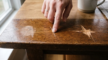 Mano rozando un rayón sobre una mesa de madera barnizada con varias marcas de profundidad variable.