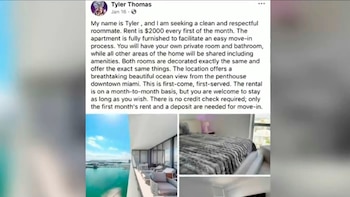 Captura de pantalla de una publicación de Facebook Marketplace de 'Tyler Thomas' que anuncia un alquiler, mostrando texto y pequeñas fotos de un balcón y un dormitorio