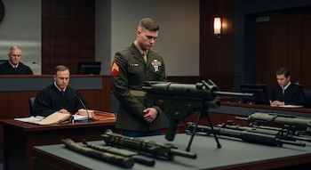 Un marine en uniforme verde está de pie en un tribunal, mirando hacia abajo, con armas militares expuestas en una mesa frente a él y tres jueces en el fondo.