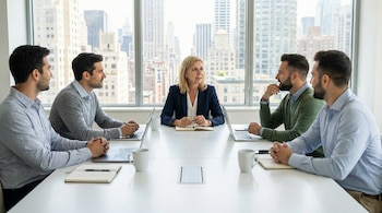 Una mujer rubia con traje dirige una reunión sentada en una mesa blanca con cuatro hombres, dos portátiles y vistas a la ciudad desde un ventanal.