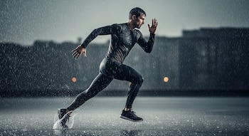 Un hombre atlético corriendo a toda velocidad bajo una lluvia intensa con ropa deportiva negra, salpicando agua con sus pies en movimiento.