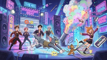 Tom y Jerry manipulan cables en un escenario junto a artistas de animación, mientras un cañón lanza humo y se lee la palabra ERROR