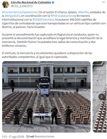 Incautan casi 200.000 cajetillas de cigarrillos de contrabando en Ipiales durante operativo fronterizo - crédito @COL_EJERCITO/X