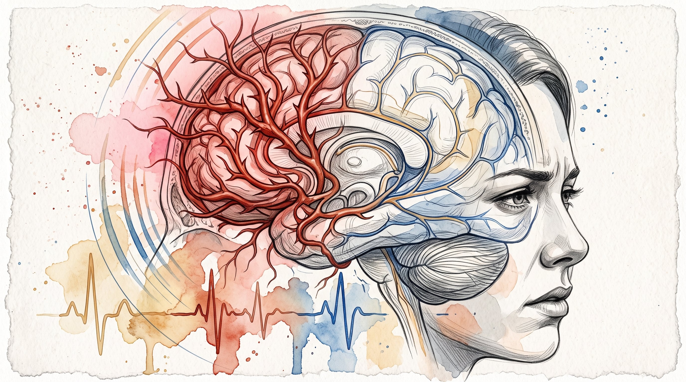 Una ilustración anatómica representa las ramas vasculares inflamadas del cerebro junto con diagramas de pulsaciones y ondas sensoriales. (Imagen Ilustrativa Infobae)