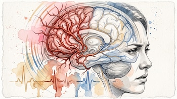 Dibujo de un rostro de perfil con el cerebro expuesto, vasos sanguíneos ramificados en rojo y azul, ondas curvas y una línea de pulso.