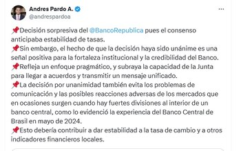 Andrés Pardo, exviceministro de Hacienda, aseguró que la tasa de cambio puede estabilizarse - crédito @AndresPardoA/X