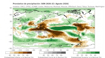 Mapa global con zonas codificadas en marrón, gris y verde, con tres escalas de probabilidad de precipitación en la parte inferior.