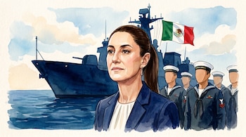 Acuarela: Claudia Sheinbaum de saco azul y blusa blanca, rostro ovalado y cabello recogido. Detrás, el buque Usumacinta, bandera mexicana y marinos.