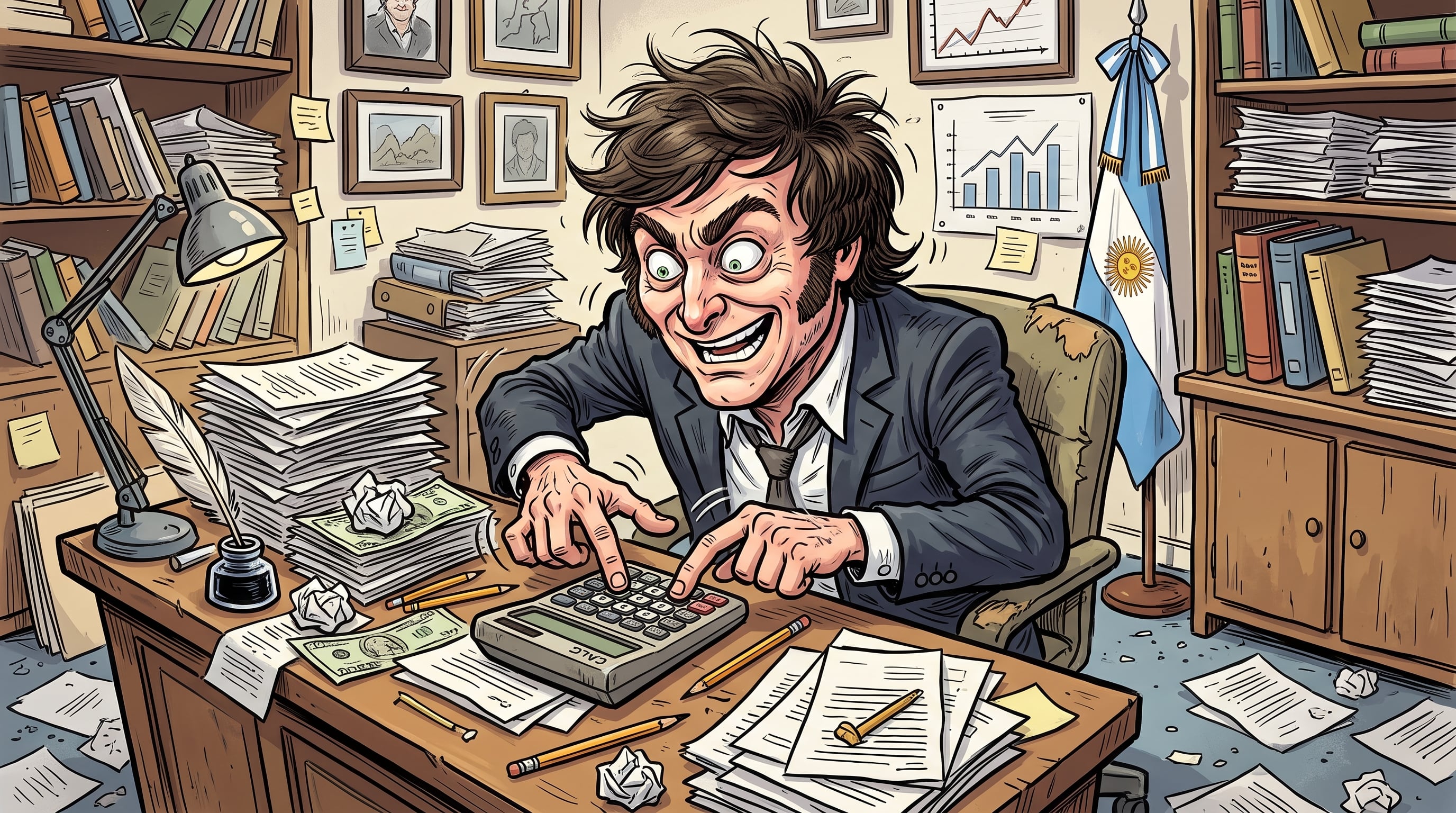 Una caricatura del presidente argentino Javier Milei lo representa en un despacho mientras utiliza una calculadora rodeado de documentos y billetes. (Imagen Ilustrativa Infobae)
