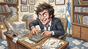 Caricatura de un hombre despeinado en un escritorio con una calculadora, fajos de dinero, papeles acumulados y la bandera de Argentina al fondo.