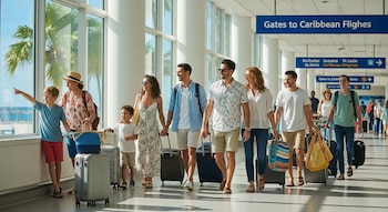 Personas, adultos y niños, caminan con maletas en una terminal de aeropuerto. Ventanales y un letrero 'Gates to Caribbean Flights' son visibles.