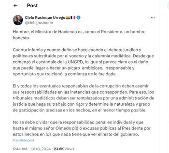 Cielo Rusinque salió en defensa del ministro de Hacienda - crédito @cielo_rusinque