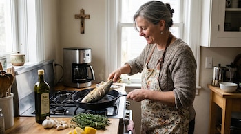 Mujer adulta sonriente cocina pescado entero en sartén de hierro. En la encimera: aceite, ajo, hierbas y limones. Un crucifijo decora la pared de la cocina.