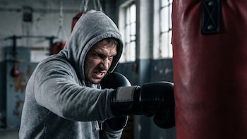 Hombre adulto con sudadera gris y capucha, guantes de boxeo negros, golpeando un saco de boxeo rojo. Su rostro tiene sudor y una expresión de enojo. Fondo de gimnasio.