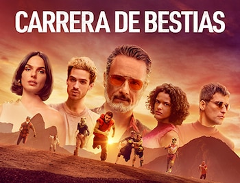 Póster de la serie Carrera de Bestias con cinco actores en primer plano y figuras pequeñas corriendo en un paisaje montañoso desértico al atardecer