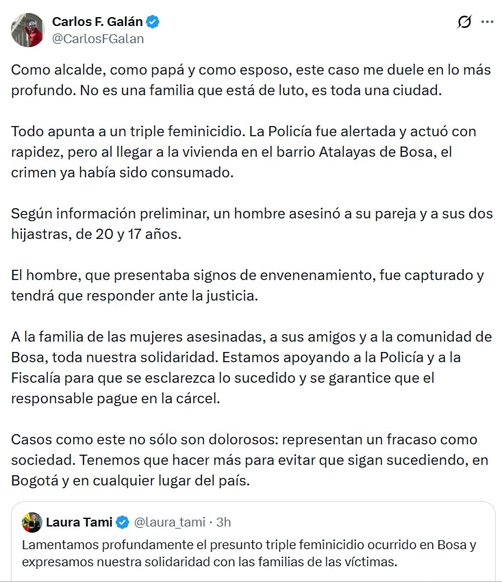 El alcalde lamentó lo ocurrido con las tres mujeres - crédito @CarlosFGalán/x